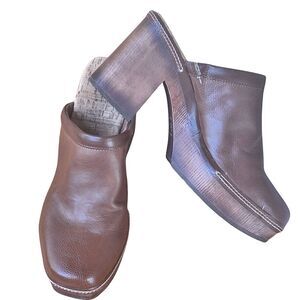 Korks Lori Chunky Wood Block Heel Brown Leather Platform Clog Mule size 10 BOHO